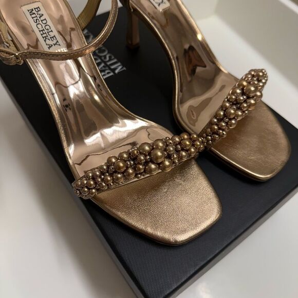 Badgley Mischka Caitlyn Pearly Ankle-Strap Sandals, Bronze, Size 7.5, $235 - Picture 3 of 7